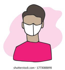 Male person wearing protective face mask. Prevention of coronavirus. Hand drawn vector illustration in flat cartoon style. Man in face mask in quarantine. Linear sketch. 