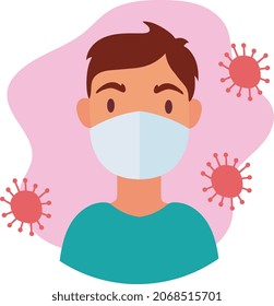 Male Person Wearing Protective Face Mask  Medical Mask Vector Illustration