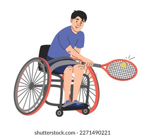 Male person in wheelchair playing tennis vector isolated. Illustration of a sport training of man. Tennis player holding racket.