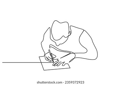 male person writing in paper notebook. man signing business finance contract agreement line art