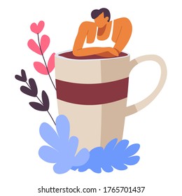 Male personage charmed by cup of freshly brewed coffee. Man enjoying energetic drink, decorative foliage and client of coffeeshop. Advertising of hot beverages, espresso and personage vector