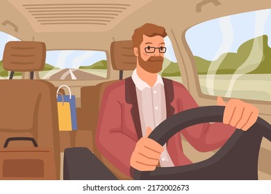 Male personage driving in car, serious man by steering wheel riding alone, shopping bags on back seat. Road trip, vacation or holidays destination. Spending weekends traveling. Vector flat cartoon