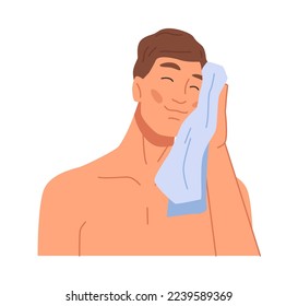 Male personage drying facial skin with soft towel, care after shaving and washing. Man after bath and beauty procedures. Flat cartoon character vector