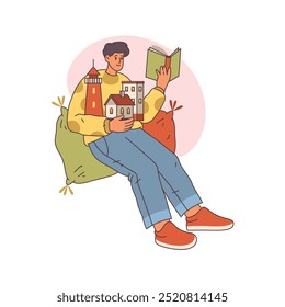 Personaje masculino disfrutando de un libro de novela de historia. Chico imaginando castillos y arquitectura de ficción de la ciudad o escenario de publicación. Hombre aislado estudiando. Vector plano del carácter del estilo de la historieta