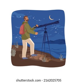 Male personage exploring universe and galaxy, celestial bodies and cosmos looking through telescope watching starry sky. Man hobby or scientific work. Flat cartoon character, vector illustration