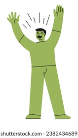 Male personage expressing emotion of gladness, isolated joyful man smiling, expressing happiness and exuberance through taking hands up. Gesturing guy laughing showing happiness. Vector in flat style