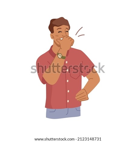 Male personage giggling and covering mouth, isolated man laughing. Vector happy emotional guy wearing stylish clothes. Student showing emotions, expressing good mood. Flat cartoon character Сток-фото © 