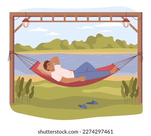 Male personage lying in hammock by river or lake. Enjoying nature on weekend, resting or taking nap. Man outdoors. Flat cartoon character, vector illustration