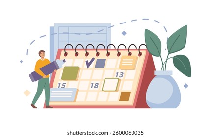 Male personage or manager putting checked mark on calendar or planner with tasks. Vector isolated organizer with project meetings, time management and productivity strategic planning for business