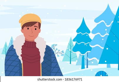 Male personage in warm clothing posing on inter scenery background. landscape with trees and hills covered with snow. Boy in knitted sweater and hat, furry jacket outwear. Child on vacation vector