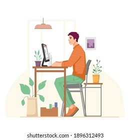 Trabajador de personajes masculinos sentados en mesa en la oficina del hogar. Empleado aislado trabajando a distancia, autónomo usando gadget. Lugar de trabajo con plantas y luces. Caricatura, vector de estilo plano