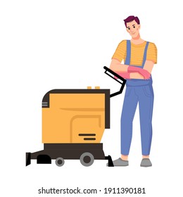 Male personage working in cleaning service using machine for washing floor or vacuum carpets. Home or office, hotel room tidying and care for cleanliness. Isolated cartoon character, vector in flat