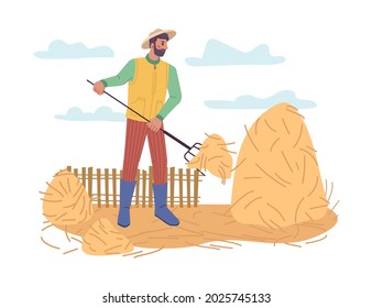 Male personage working on farm, farming person with hayfork instrument in hands collecting dry grass from field. Agriculture and organic means of horticulture. Cartoon character in flat style vector