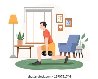 Male personage working out at home, isolated man lifting dumbbells. Bodybuilding and weightlifting hobby and growth of muscles. Guy leading active life. Cartoon character, vector in flat style