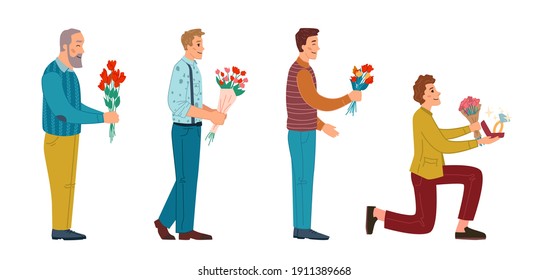 Male personages giving flowers and bouquets, isolated men of all ages on date. Guy ready to propose to marry, person with engagement ring. Dating and celebration. Cartoon characters, vector in flat