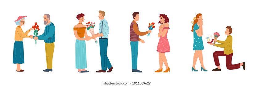 Male Personages Giving Flowers To Women, Isolated Man Proposing To Marry Him. Dating And Celebrating Anniversary. Guys With Bouquets And Engagement Ring. Cartoon Characters, Vector In Flat Style