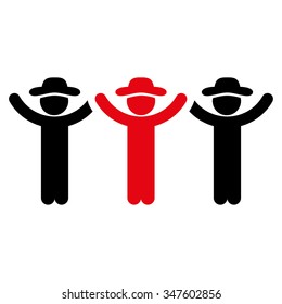 Male Persons Hands Up Roundelay vector icon. Style is bicolor flat symbol, intensive red and black colors, rounded angles, white background.