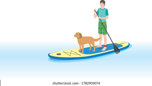 Male And Pet Dog Rowing On A Stand-up Paddle  Board