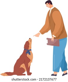 Male pet owner with dog training, playing. Caring for four-footed friend concept. Guy with puppy, domestic animal, human companion while training. Dog follows command of man vector illustration