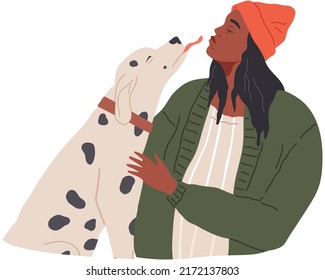 Male pet owner plays with dalmatian dog. Caring for four-footed friend concept. Doggy and happy african man friends isolated on white background. Puppy, domestic animal, human companion with guy