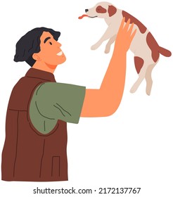 Male pet owner plays with little dog. Caring for four-footed friend concept. Happy man holding cute puppy friend isolated on white background. Doggy, domestic animal, human companion with guy