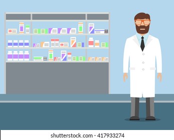 Male pharmacist with beard standing near shelves with medications, vector illustration