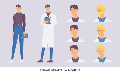 Male pharmacist character with various heads and faces. Vector concept illustration