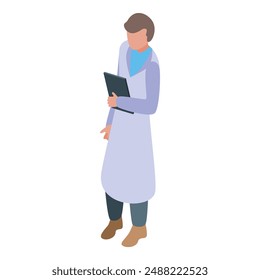 Male pharmacist with clipboard taking notes wearing lab coat isometric 3d