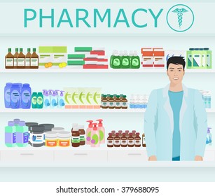 Male pharmacist at the counter in a pharmacy opposite to shelves with medicines. Vector illustration.