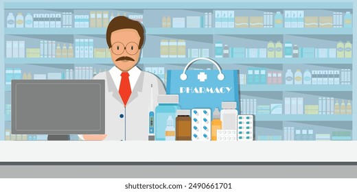 Farmacéutico masculino en el mostrador en una tienda de farmacia con estantes medicinas en el fondo. vista frontal e interior, farmacia atención de la salud Ilustración vectorial conceptual.