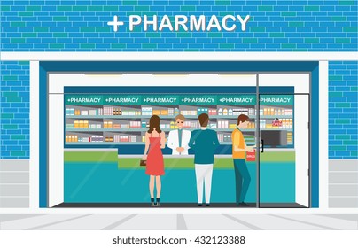 Male pharmacist at the counter in a pharmacy shop opposite of shelves with medicines, building exterior front view and interior, drug store Health care conceptual vector illustration.