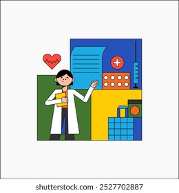 Male pharmacist holding medicine near medical symbols in flat vector illustration symbolizing healthcare, medication, and professional guidance, isolated on white background.