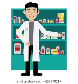 Male pharmacist in a pharmacy in front of the shelves with medicines. Health care. Flat Vector illustration.