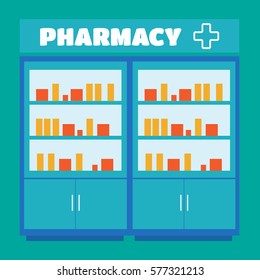 Male pharmacist in a pharmacy opposite the shelves vector. Pharmacist vector