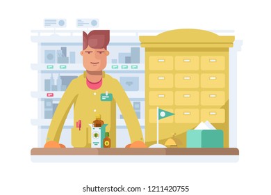 Male pharmacist standing in pharmacy drugstore. Man in uniform behind the counter. Flat. Vector illustration.