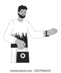 Male pharmacy customer with nfc watch black and white 2D line cartoon character. African american man isolated vector outline person. Using wearable technology monochromatic flat spot illustration