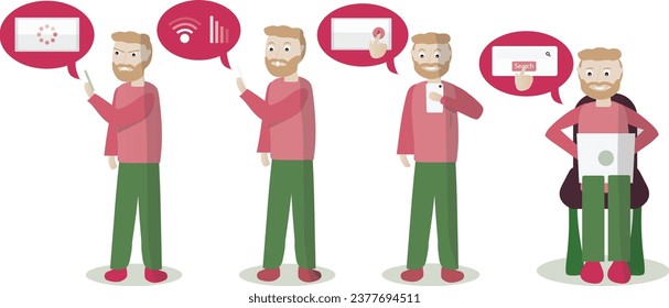 Male with phone flat illustration angry happy amazed confused emotion man using mobile and laptop. Man dealing with connection issues on his devices
