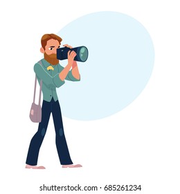 Male photographer, camera man at work taking pictures, shooting, cartoon vector illustration with space for text.Full length portrait of professional photographer, photo journalist, reporter at work