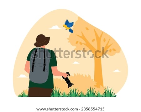 Male photographer carrying a camera to take a picture, looking at a small bird flying high, bird watching vector illustration.