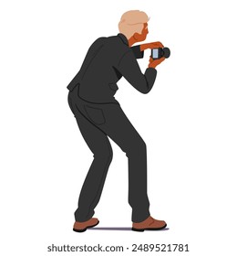 Male Photographer Character In Black Suit Taking Pictures With Camera. Vector Image Showcases The Focused And Professional Stance Of The Photographer, Highlighting Themes Of Creativity And Photography