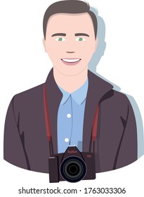 A male photographer in a dark coat and blue shirt smiles and looks forward. A SLR camera with a red strap hangs on his neck. Behind him is a shadow on a white background. Vector drawing