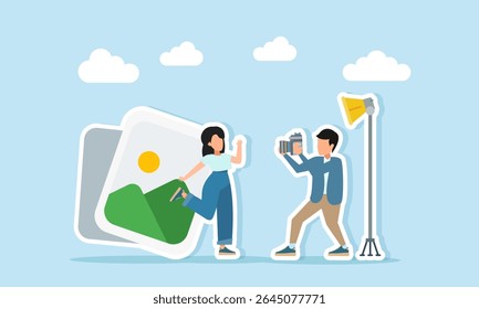 fotógrafo masculino fazendo sessão de foto com feminino perto da galeria de fotos álbum ilustração de modelo de foto de stock para fins publicitários ou comerciais