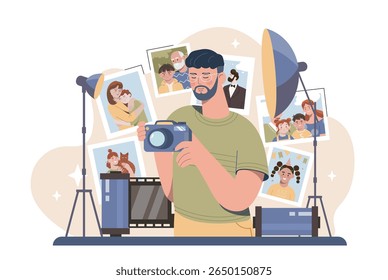Male photographer holding a camera in a studio surrounded by lights, film rolls, and family portraits on a light background. Concept of photography work. Vector illustration