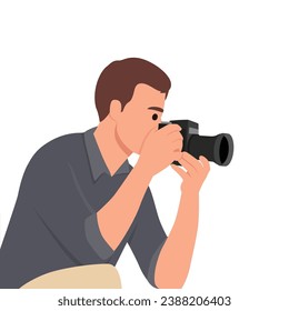 Un fotógrafo sostiene una cámara para tomar fotos. Ilustración vectorial plana aislada en fondo blanco