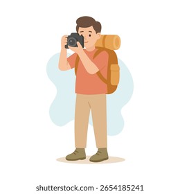 O fotógrafo masculino mantém a câmera ao ar livre, a câmera captura vistas de aventura e documentos de caminhadas masculinos do viajante.