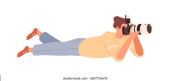 Male photographer lying down and shooting with digital camera. Man reporter holding professional equipment. Scene of working paparazzi. Flat vector cartoon illustration isolated on white background