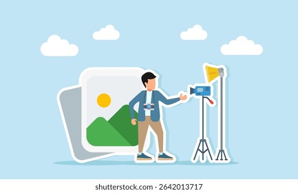 Male photographer standing in front of photo icon with camera and lighting equipment illustration of setting lighting and positioning for photoshoot session