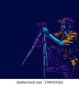 Male photographer takes a photo.  Lne pop art portrait logo colorful design with dark background. Abstract vector illustration. 