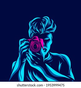 Male photographer takes a photo.  Lne pop art portrait logo colorful design with dark background. Abstract vector illustration. 