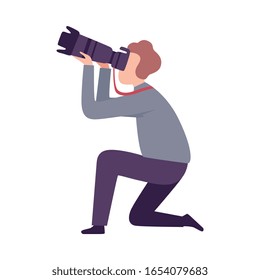 Male Photographer Taking Photo Using Digital Camera, Paparazzi or Operator Character Flat Vector Illustration